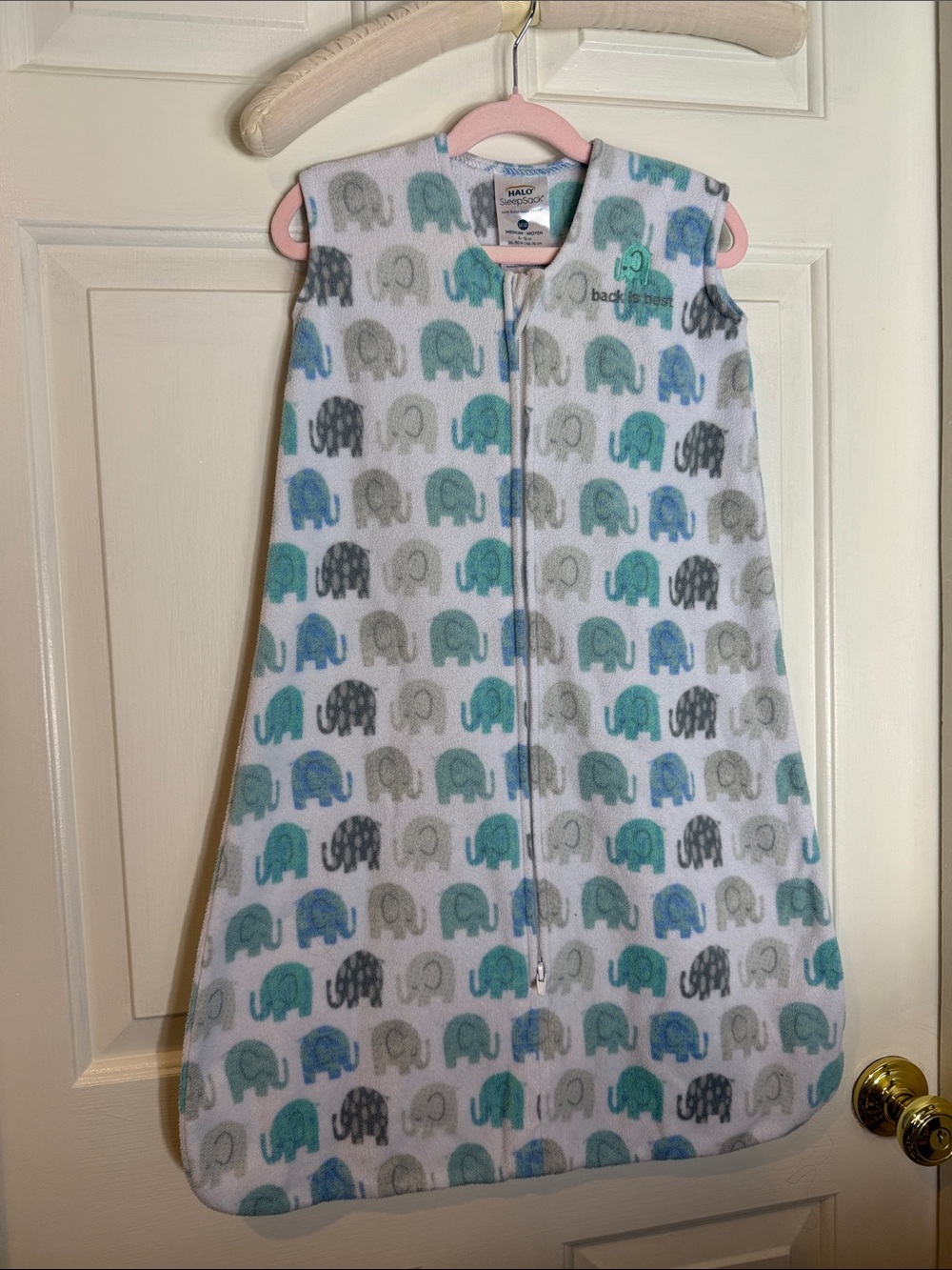 Halo Kids Sleep Sack - White with Blue, Teal & Gray Elephant Print